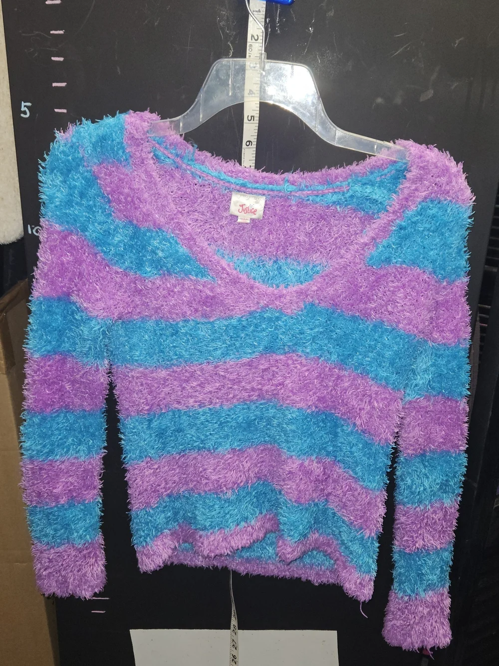 Justice Fuzzy Stripe Sweater in Purple & Teal Blue Size 12 Loose V Neck